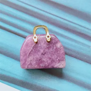Natural stone crystal mini handbag pendant detail view, sweet gemstone purse charm decor.