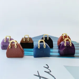 Natural stone crystal mini handbag pendant, gemstone bag figurine charm for jewelry craft DIY.