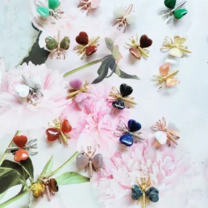 Natural stone butterfly crystal ornament colorful gemstone metal craft table decor display.