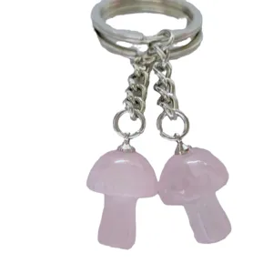 Natural rose quartz crystal mushroom pendant keychain cute bag charm keyring for women girls