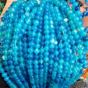 Blue agate round beads gemstone DIY jewelry making loose strands handcrafted accessories.