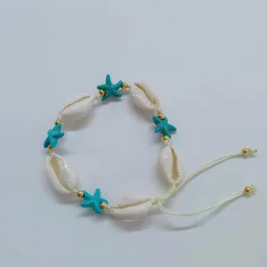 Bohemian natural seashell braided bracelet with blue starfish and gold beads for women beach jewelry
