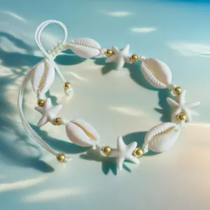 Handmade woven white shell starfish bracelet beach summer style adjustable braided rope jewelry