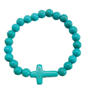 Blue turquoise beaded elastic bracelet with cross charm fashion jewelry for women daily wear