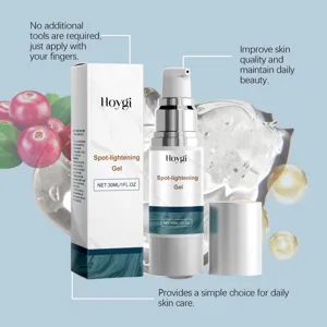 Macro view of Hoygi spot-lightening gel 30ml pump bottle with protective outer packaging