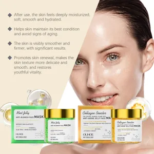 Vista detallada de frascos de mascarilla facial nutritiva y empaque para el cuidado cutáneo.