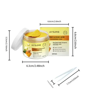 Detailansicht von JaySuing Kurkuma Reinigungspads mit Dose, Verpackung und Maßen.