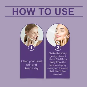 Détail de guide d'utilisation pour appliquer efficacement le spray dépilatoire pour le visage.