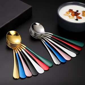Cuillère Ronde Créative en Acier Inoxydable Cuillère à Dessert Mignonne Poignée Colorée Vaisselle Polie Miroir Pour Cuisine