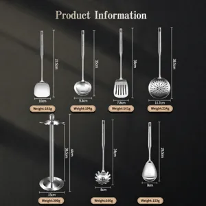 Set di utensili da cucina in acciaio inossidabile con supporto, mestolo e spatola.