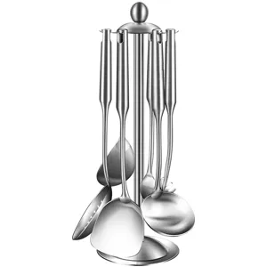 Set di utensili da cucina in acciaio inossidabile con supporto, attrezzi di cottura resistenti.