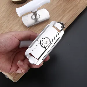 Manual stainless steel jar opener with plastic handle and adjustable gear design for easy opening.