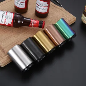 Stainless steel jar opener set, multi-color manual bottle cap remover tool for kitchen use.