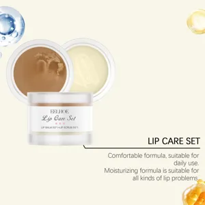 Detailed view of the nourishing lip care set featuring scrub and balm for smooth lips.