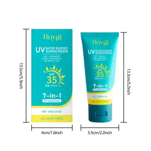 Dettaglio del tubo di crema solare HOYGI e della scatola con dimensioni chiare e SPF 35.