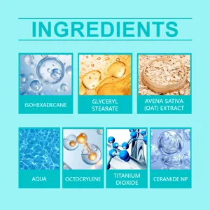 Infografica dettagliata sugli ingredienti cosmetici con formule attive come acqua e avena.