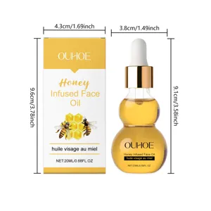 Vista dettagliata dell'olio viso al miele OUHOE con dimensioni, flacone contagocce 20ml.