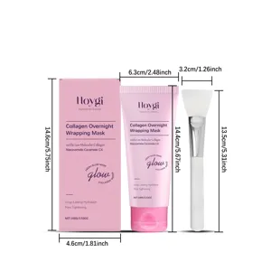 Vista detallada de la mascarilla de colágeno HOYGI con dimensiones, tubo y caja.