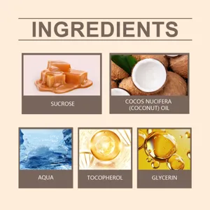 Affichage detaille des ingredients cosmetiques naturels comme le sucre et l'huile de coco.