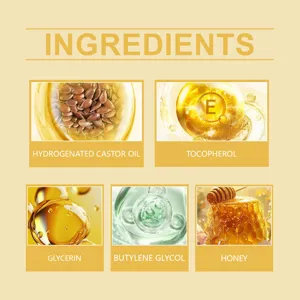 Primo piano dettagliato ingredienti naturali olio cosmetico tra cui miele, glicerina e vitamina E.