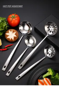 Stainless steel hot pot ladle and slotted spoon set with square handle for kitchen cooking.