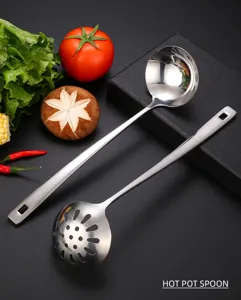 Stainless steel hot pot spoon and colander set with long square handle for kitchen.