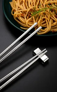 Stainless steel chopsticks detail showing square hollow design, anti-slip and heat insulation.