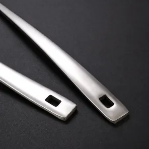 Stainless steel soup ladle handle kitchen utensil with hanging hole and ergonomic curved design.
