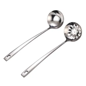 Stainless steel soup ladle and slotted spoon set with long handle for kitchen cooking.