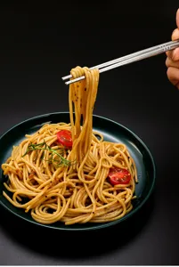 Detail view of 304 stainless steel square chopsticks with hollow heat-insulating design.