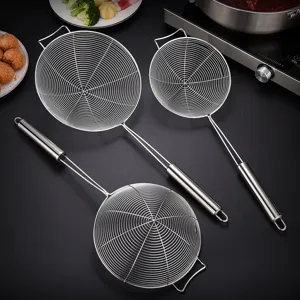 Set of three stainless steel spider strainers for kitchen cooking and straining