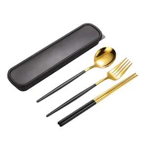 Tragbares Besteckset Edelstahl mit Etui schwarz gold Gabel Löffel Stäbchen 3-teilig