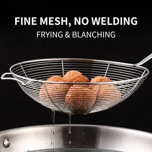 304 stainless steel fine mesh skimmer strainer with food draining over a metal pot