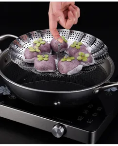 Cesta de vapor plegable de acero inoxidable para cocinar verduras, huevos y bollos al vapor.