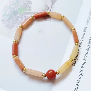 Natural stone rectangular bead bracelet with gold spacer beads and red center charm jewelry