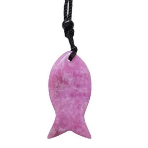 Natural pink crystal fish pendant necklace with black braided cord for women and girls