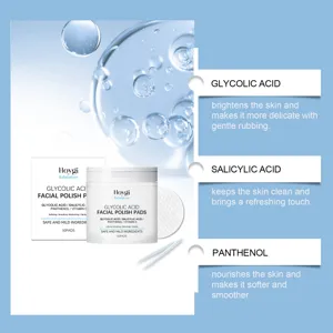 HOYGI dischetti esfolianti viso con acido glicolico vista dettagliata e barattolo.