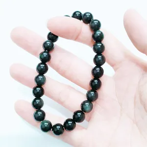 Natural stone beaded bracelet, black jade round beads single strand jewelry for men and women.