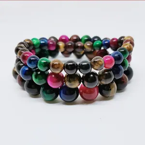 Natural multi-color tiger eye stone beaded bracelet round gemstone stretch jewelry for women men