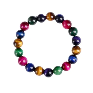 Natural multi-color tiger eye stone beaded bracelet round gemstone stretch jewelry for men women