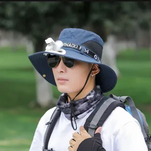 Men's outdoor sun protection bucket hat with built-in portable fan wide brim hiking cap.