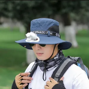 Outdoor sun protection bucket hat with built-in mini fan wide brim fishing cap summer breathable
