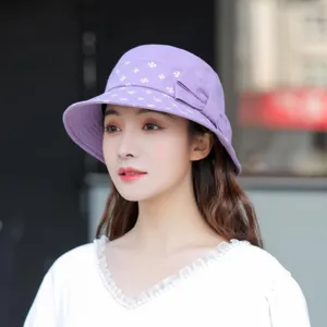 Lila Fischerhut für Damen, koreanischer Stil, lässige Sonnenschutzmütze mit Schleife und Print.