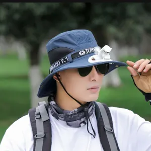 Outdoor solar fan fishing bucket hat for men wide brim summer sun protection cap with cooling.