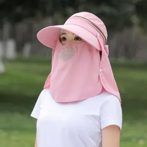 Pink women sun visor hat with detachable face mask and neck flap for summer outdoor UV protection.