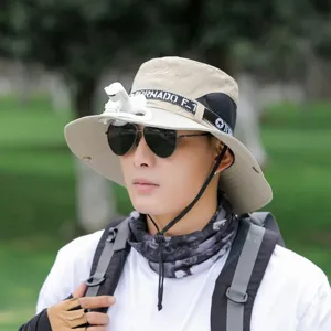 Men's outdoor sun bucket hat with built-in fan wide brim anti-UV folding fishing cap summer.