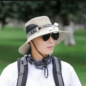 Outdoor sun hat for men with built-in mini fan, wide brim UV protection fisherman cap for summer.