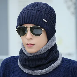 Winter thermal knitted beanie hat and neck warmer set detail view with cozy fleece lining.