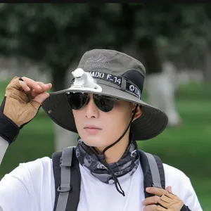 Men's outdoor fishing sun hat with built-in fan, large brim UV protection foldable cap for summer.