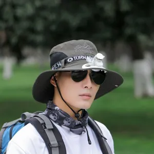 Mens outdoor sun fishing hat with mini fan large brim bucket hat summer UV protection